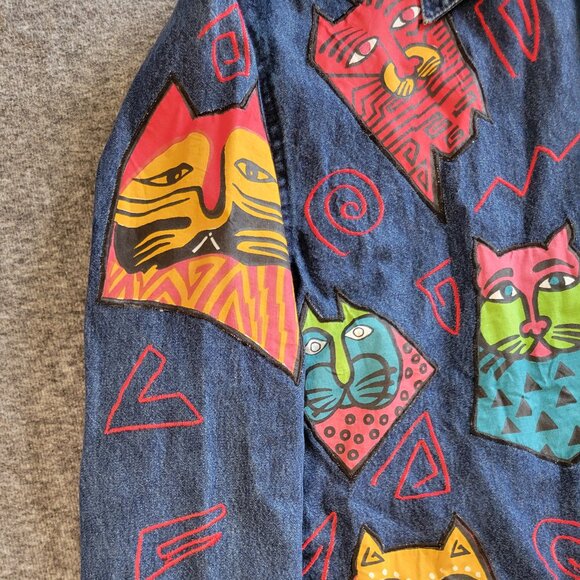 Vintage Cotton Denim Jacket w/ Custom Cat Applique Embroidery Sz M - Picture 3 of 10